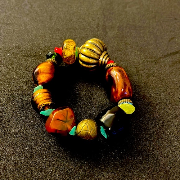 Jewelry - Stretch chunky spice/warm brown/gold tone glass and wooden  bead bracelet